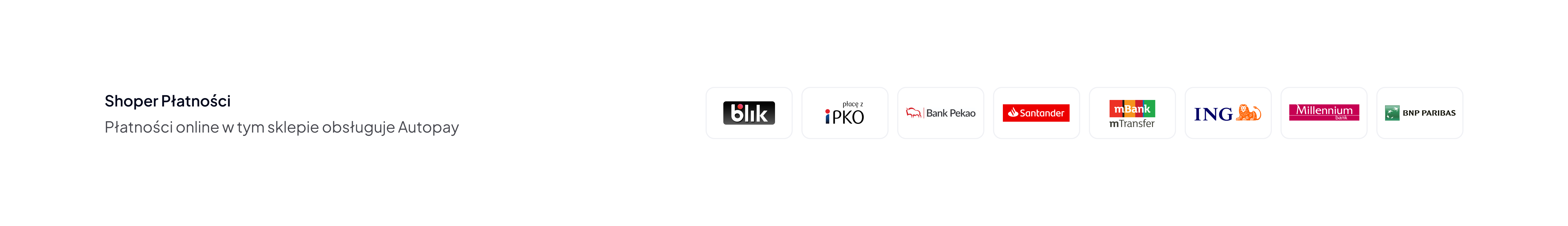 Baner przestawiające metody płatności w sklepie - BLIK, PKO BP, PEAKO SA, SANTANDER, MBANK, ING, MILLENIUM, BNP PARIBAS